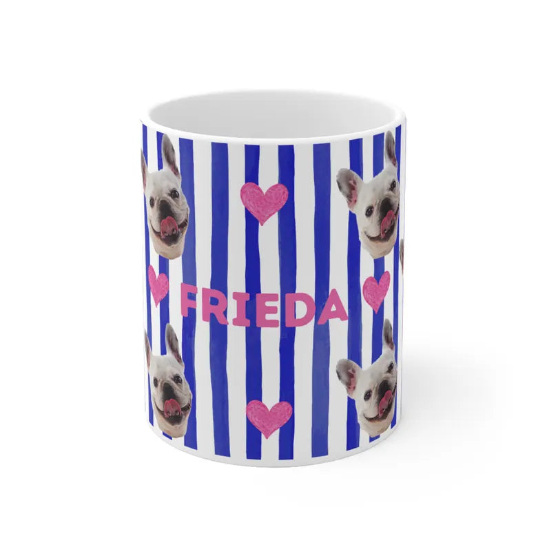 Personalisierte Fototasse mit deinem Haustier und Namen - Blue Stripes Allover