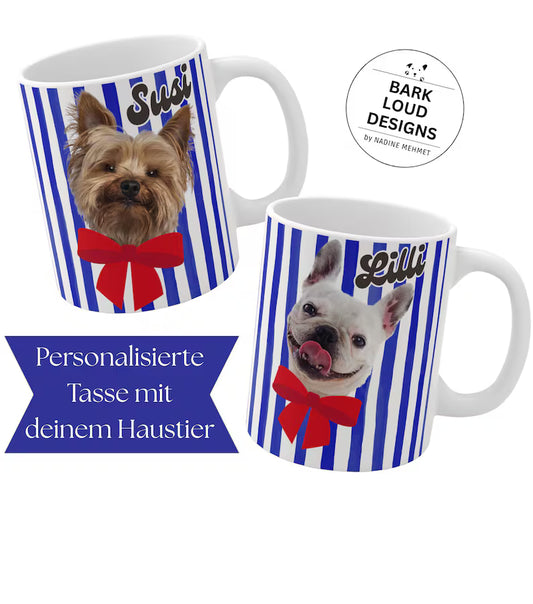 Personalisierte Fototasse Haustier mit Name - Blue Stripes